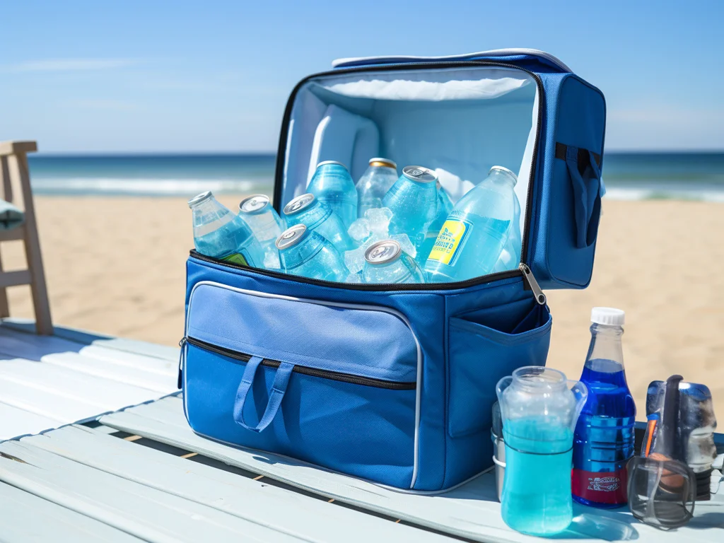 Blue insulated cooler bag filled with drinks on beach