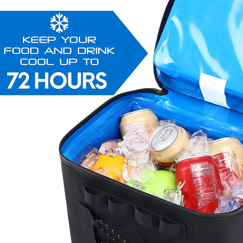Cooler bag filled with ice and soda cans, lasts up to 72 hours