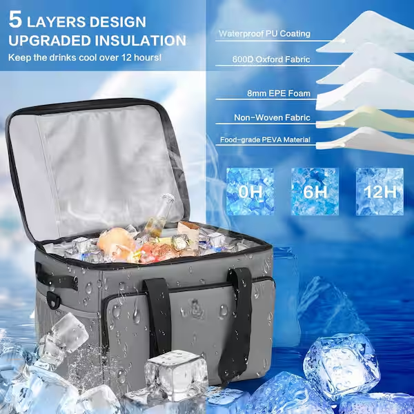 Grey cooler bag with five-layer insulation and ice blocks around