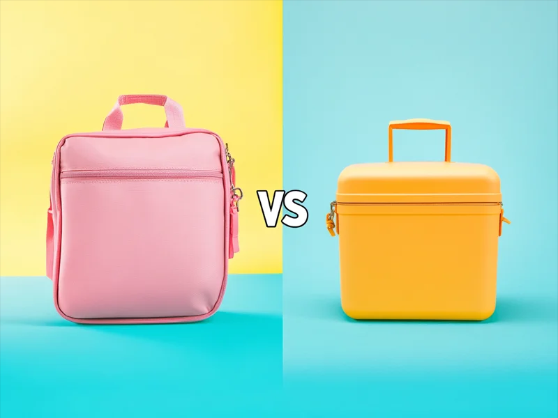 Soft pink lunch bag vs hard yellow cooler box comparison