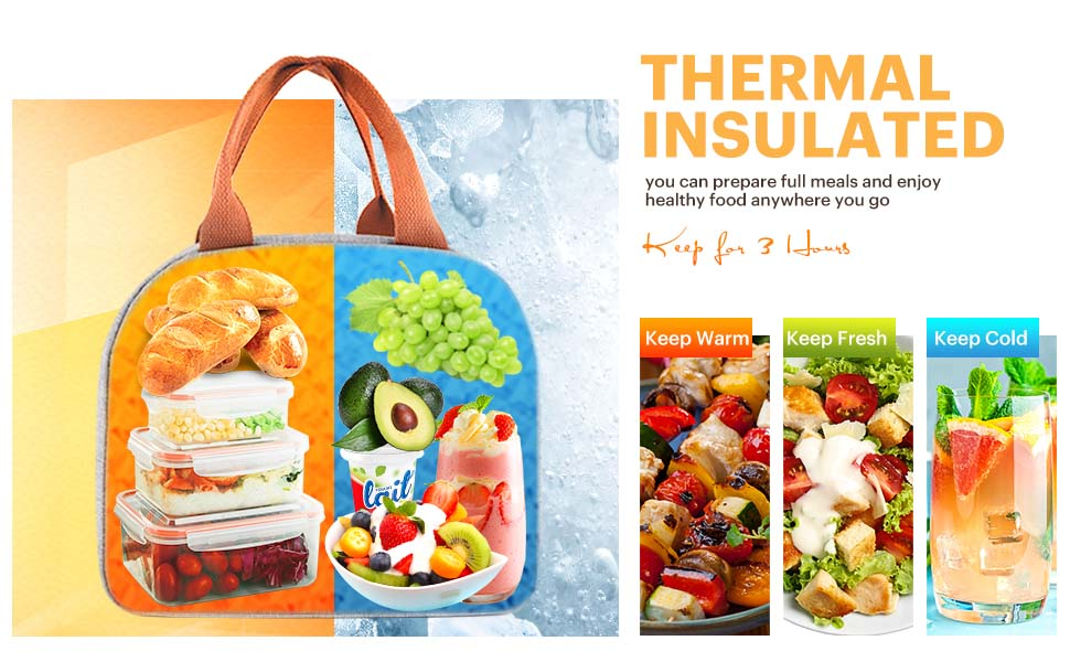 Thermal insulated lunch bag keeping food warm, fresh, or cold