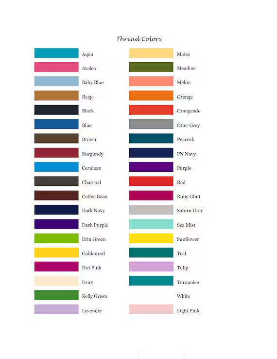 Thread color chart with 45 vibrant options for bag customization