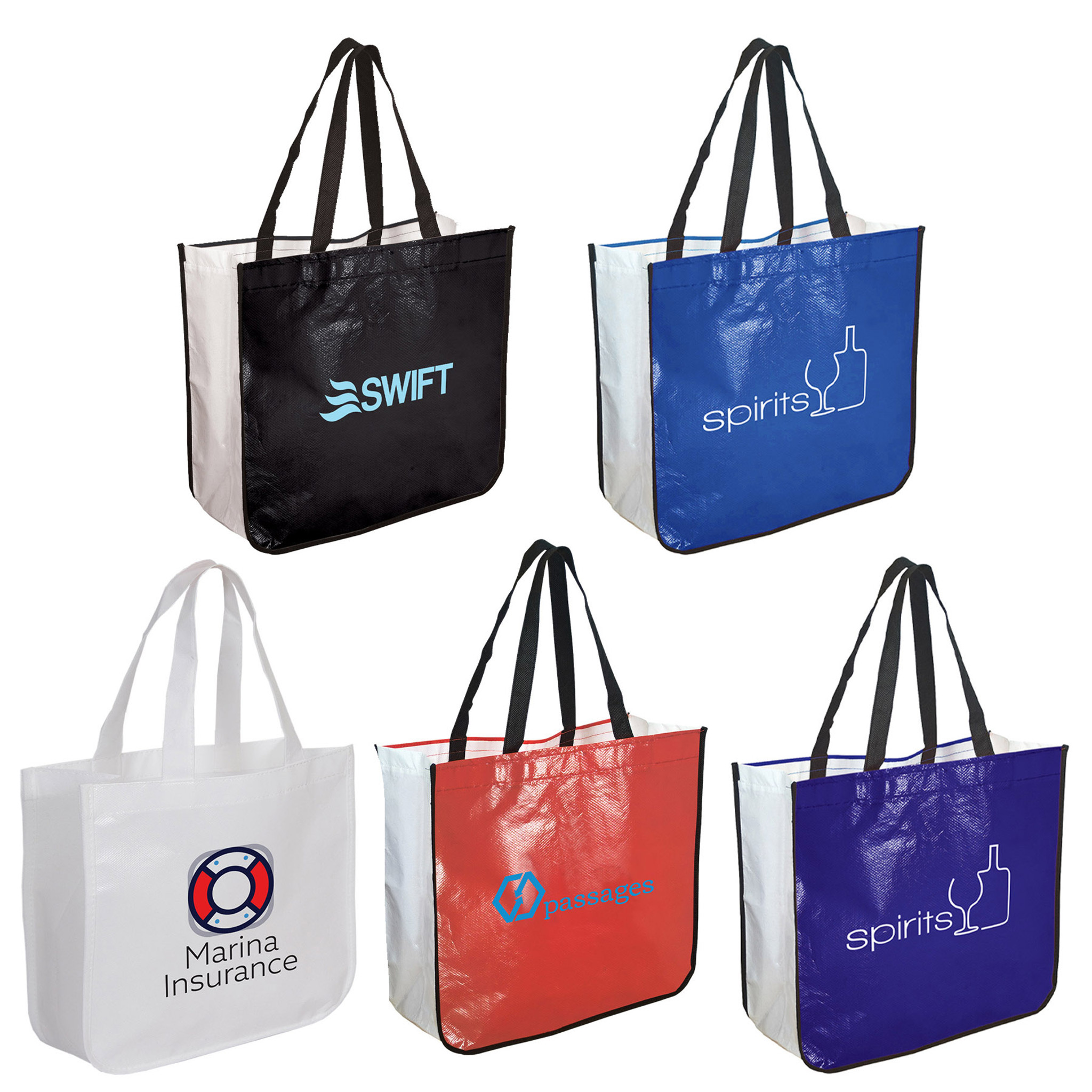 Colorful PP woven tote bags with cartoon and beverage-inspired designs