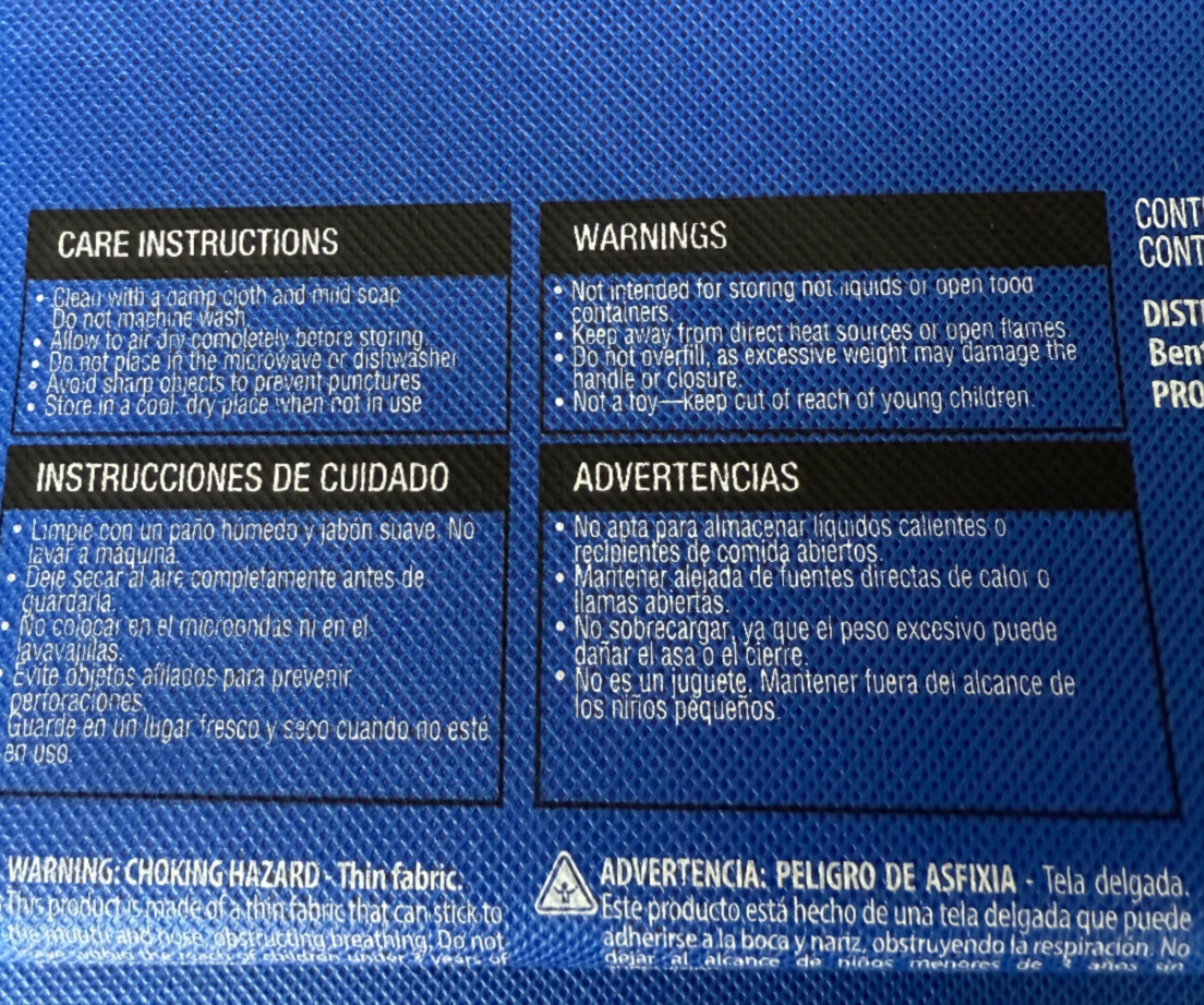 Close-up care and warning label on reusable shopping bag