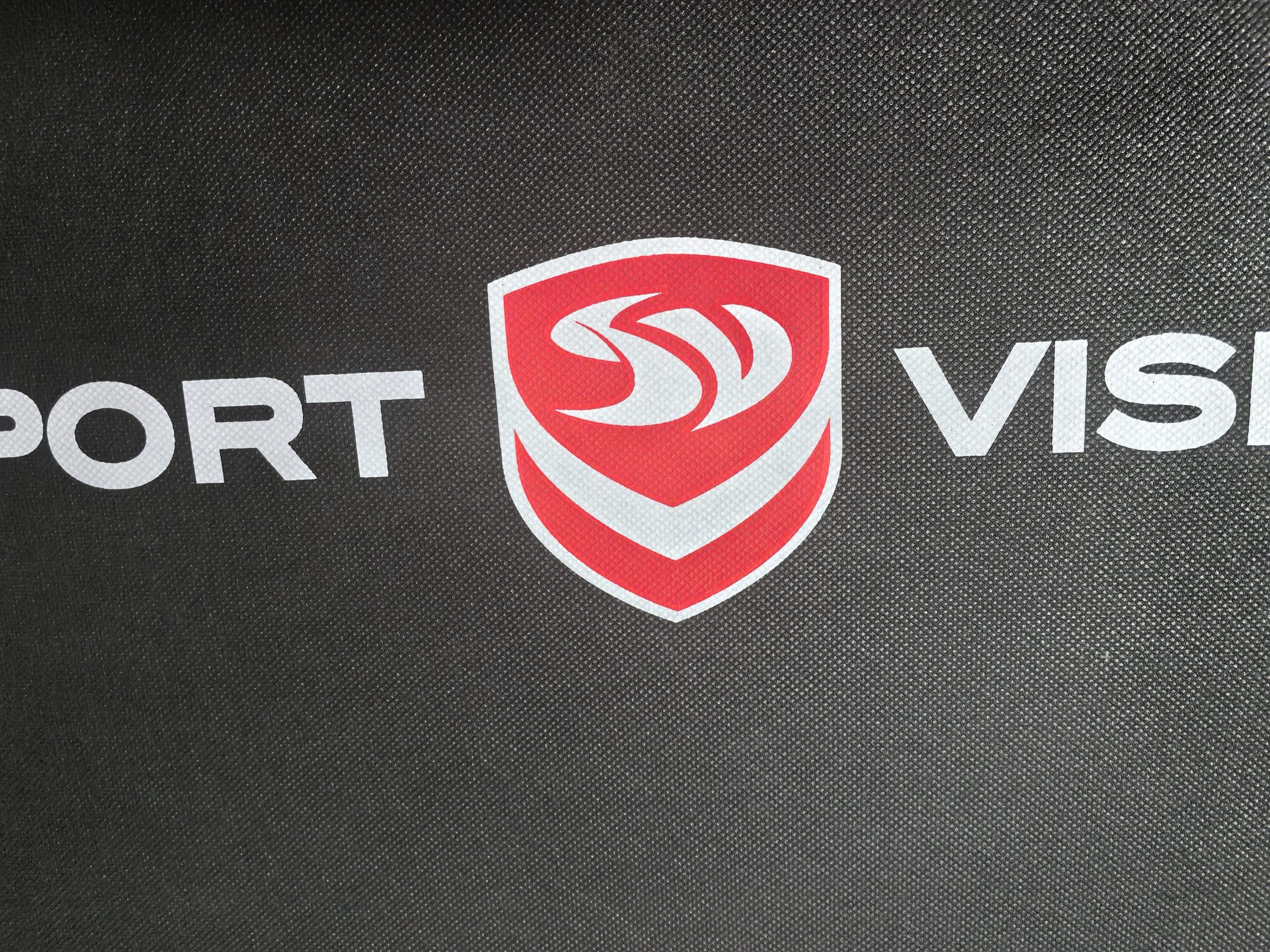 Black non-woven bag with red and white sports logo print