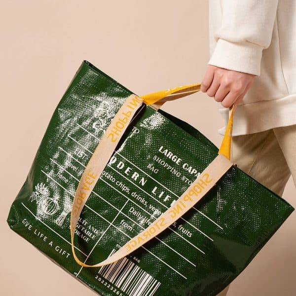 Reusable shopping bags with business branding and white handles