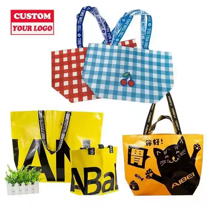 Colorful PP woven tote bags with cartoon and beverage-inspired designs