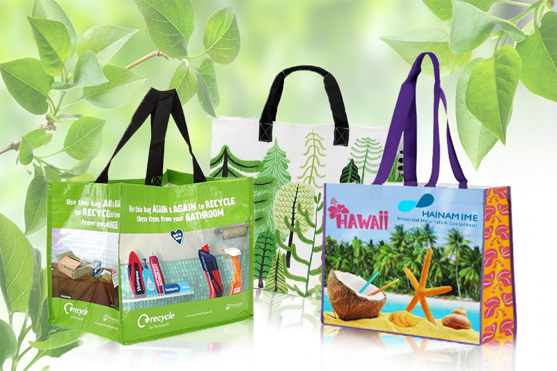 Reusable shopping bags with fruit prints and green handles