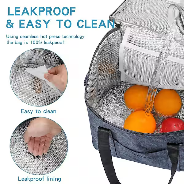 Insulated cooler bag with leakproof interior and easy-clean feature
