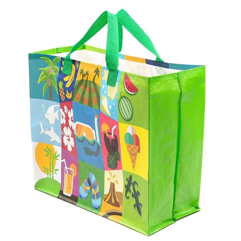 Dark green large capacity shopping bag with yellow handles and white printed list
