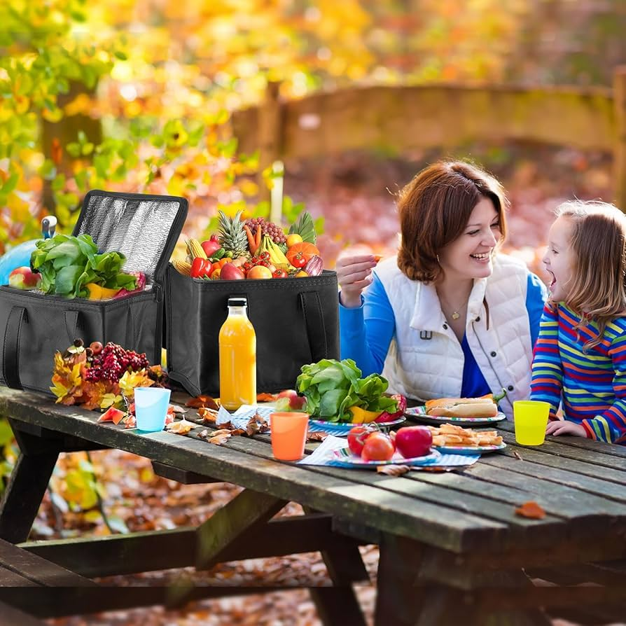 Insulated food bags filled with fresh produce at autumn picnic