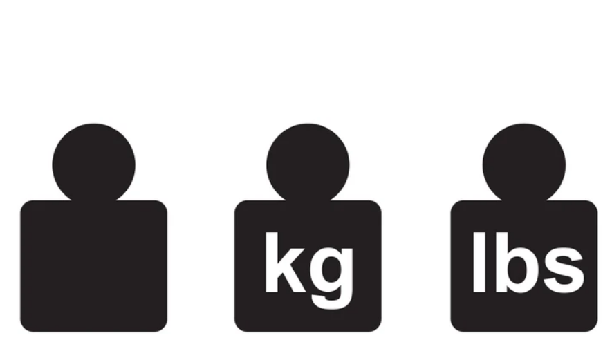 Three black weight icons labeled blank, kg, and lbs