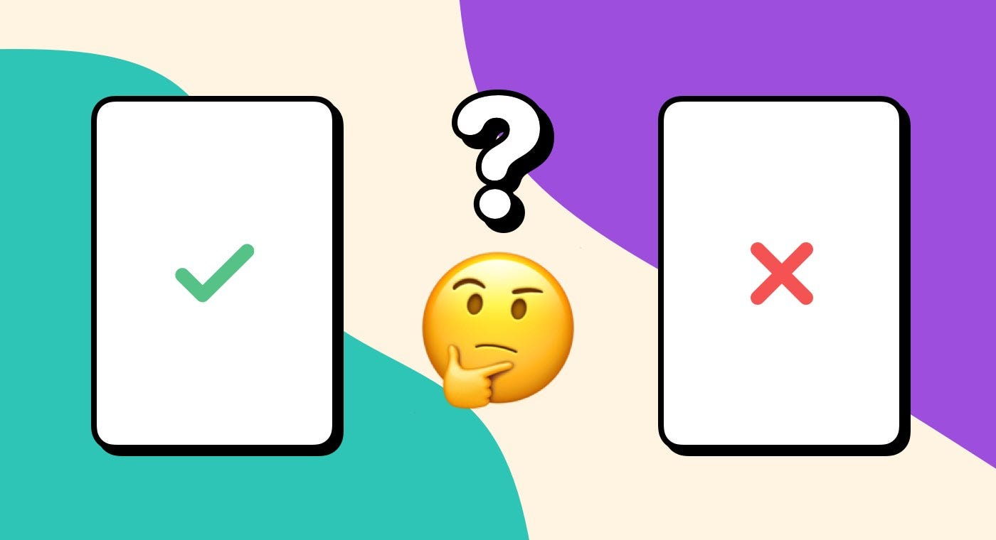 Checkmark and cross symbol with thinking emoji in between