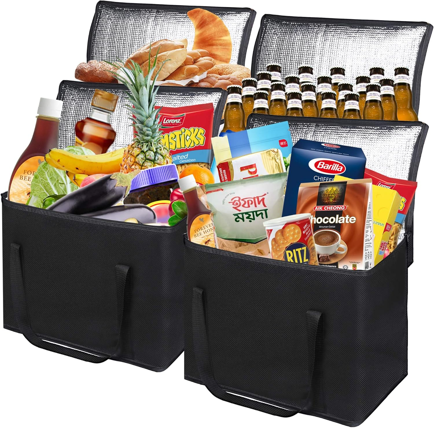 Reusable insulated grocery bags filled with assorted food and drinks