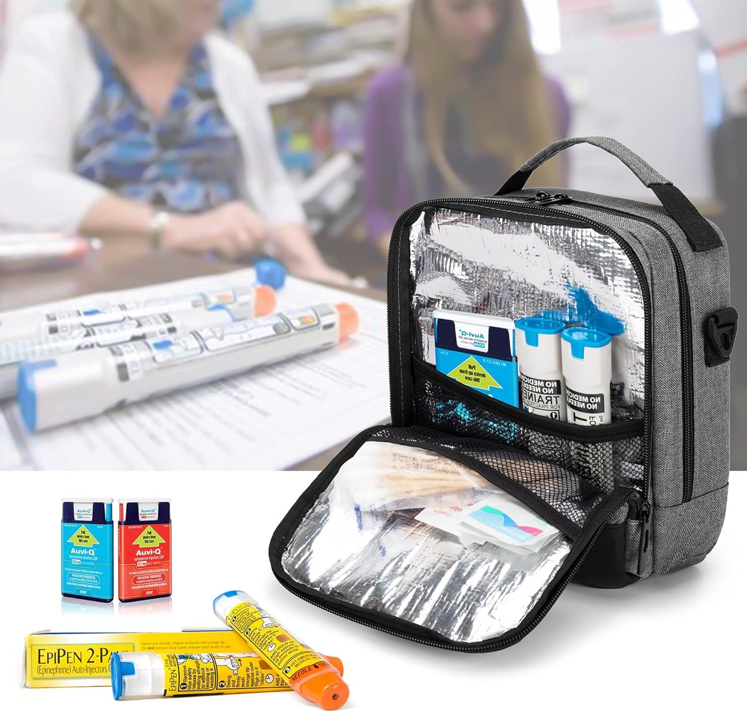 Insulated medical bag storing EpiPens and emergency medications
