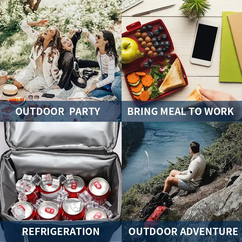 Insulated cooler bag uses: outdoor party, work meal, refrigeration, adventure