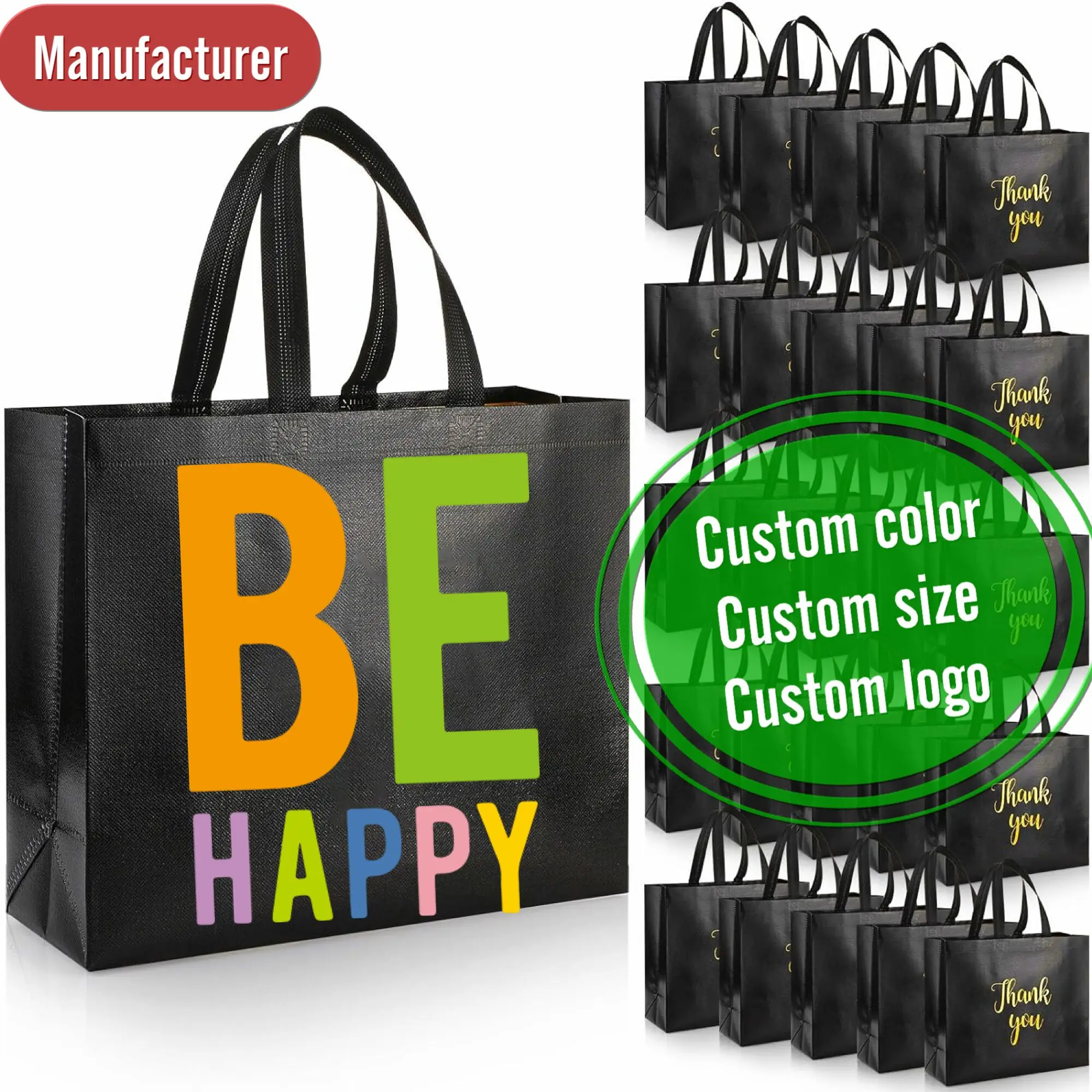 Three colorful laminated PP woven shopping bags with "LOVE nature" print