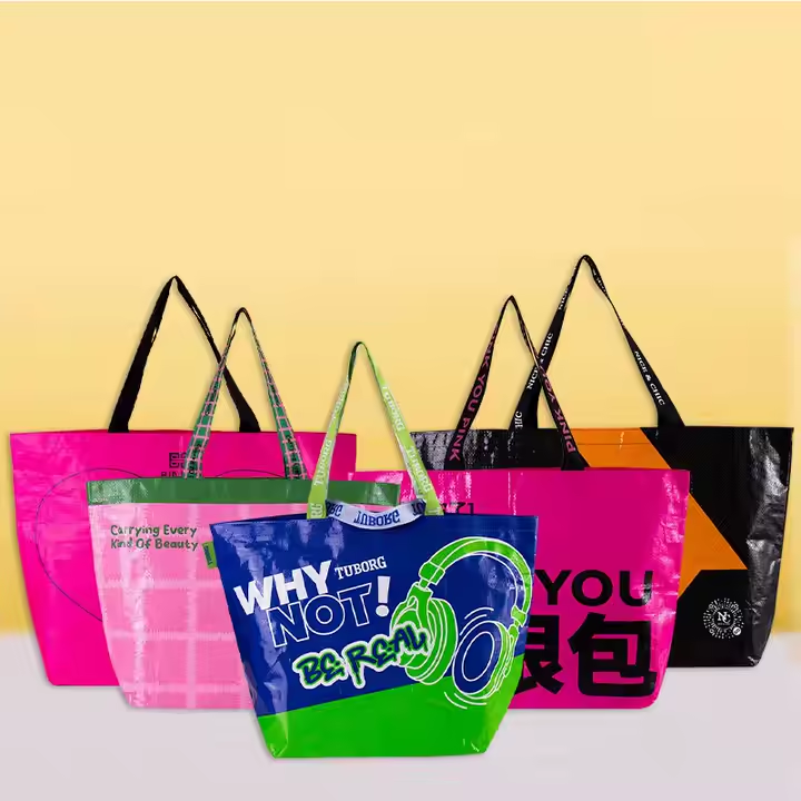 Five colorful custom laminated shopping bags with graphic prints