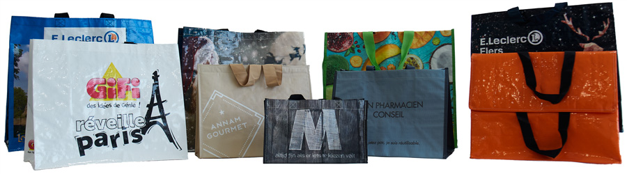 Assorted PP woven bags with custom prints for supermarkets and retail brands