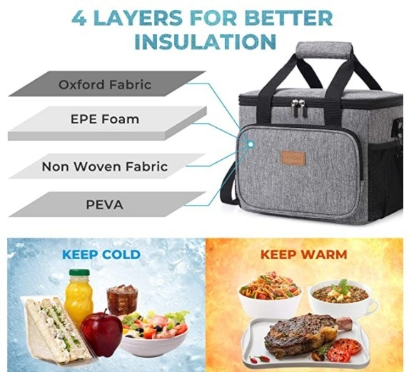 Gray insulated lunch bag with 4 layers keeps food cold or warm