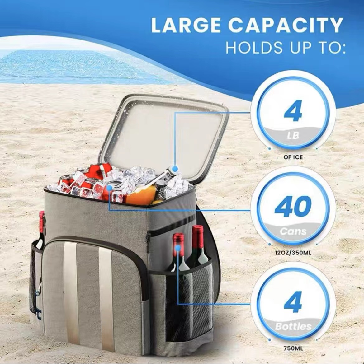 Large capacity cooler bag holds ice, cans, and bottles