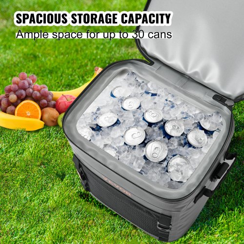 Gray cooler bag with ice and cans, holds up to 30 cans