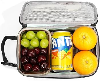 open aluminum foil insulation lunch bag with fruits and Fanta can