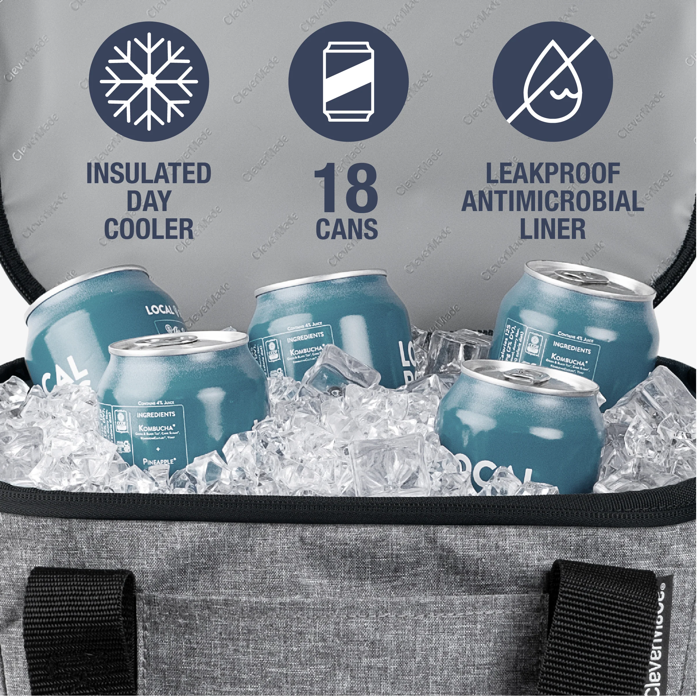 grey insulated cooler bag with ice and cans, leakproof antimicrobial liner