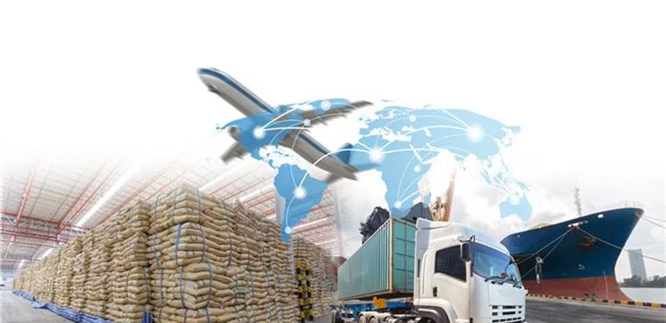 Global logistics with airplane, cargo ship, truck, and warehouse