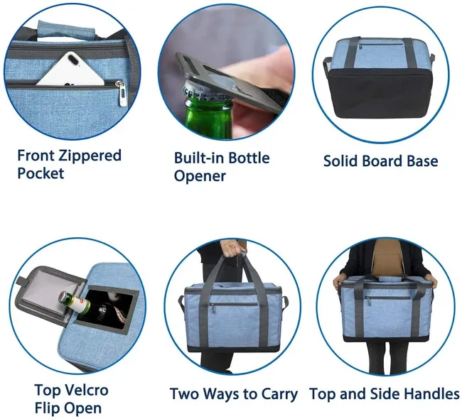 Features of blue insulated cooler bag with bottle opener and handles