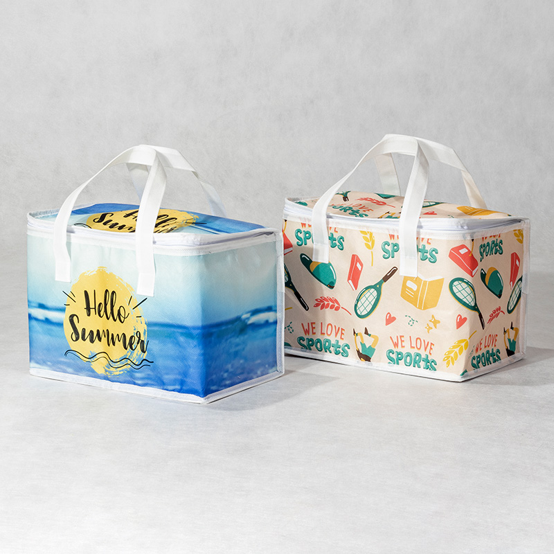 Colorful printed insulated cooler bags with summer and sports designs