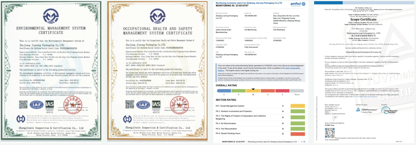 Environmental, occupational health and safety, and quality management certificates for JiaRong Packaging