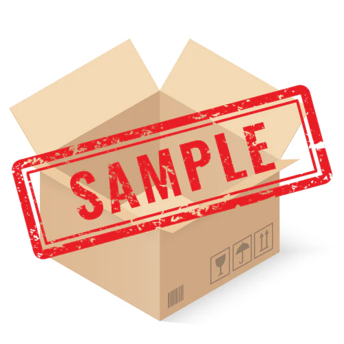 Open cardboard box with red SAMPLE stamp