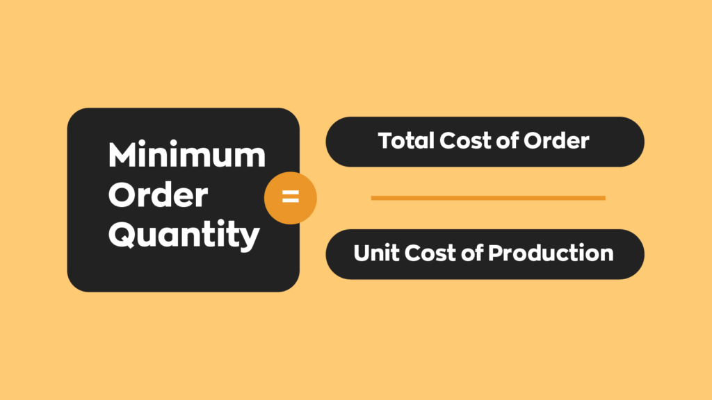 Minimum Order Quantity formula: Total Cost of Order divided by Unit Cost of Production