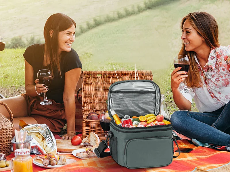 Two women enjoying picnic with insulated cooler bag