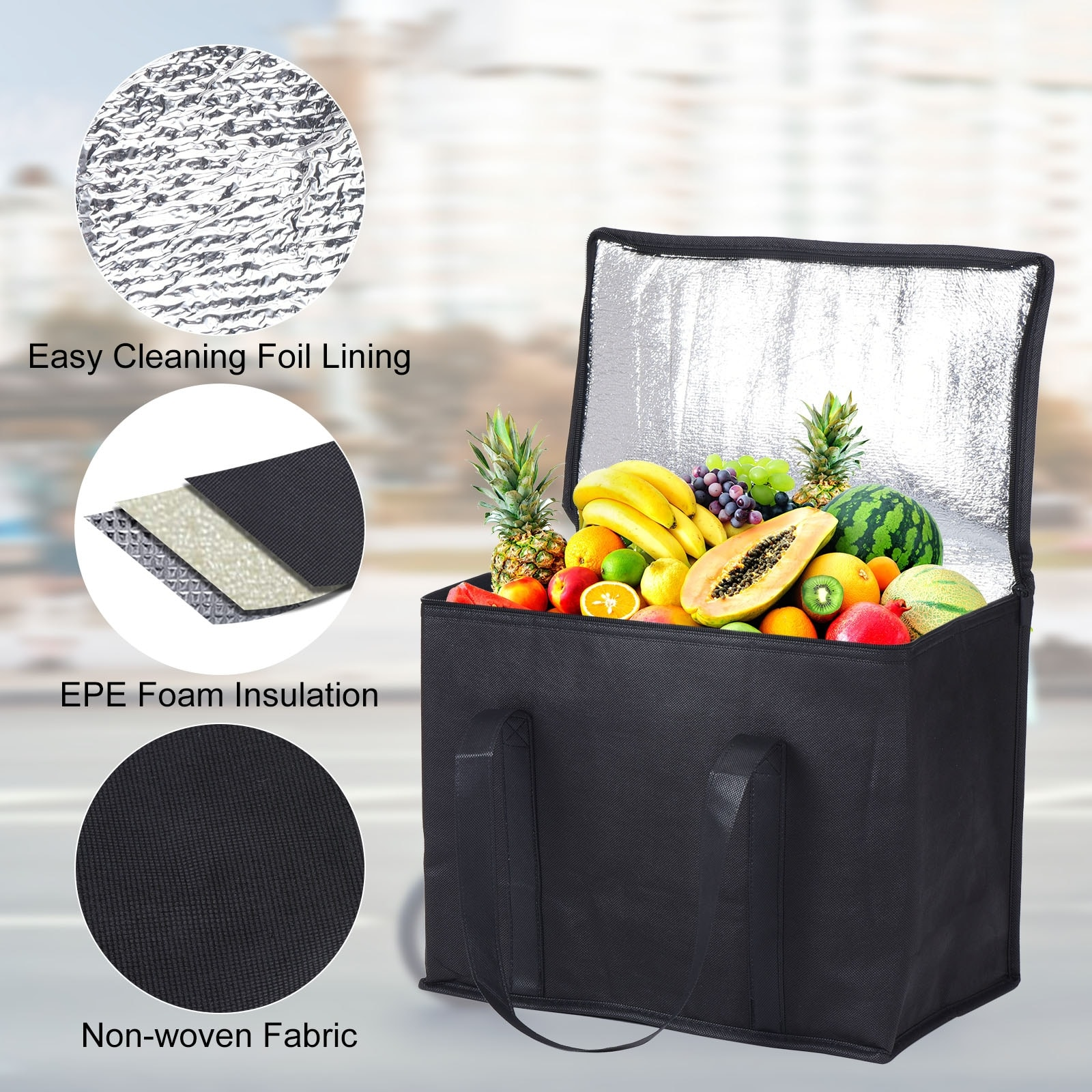 Black insulated cooler bag with foil lining, EPE foam and non-woven fabric