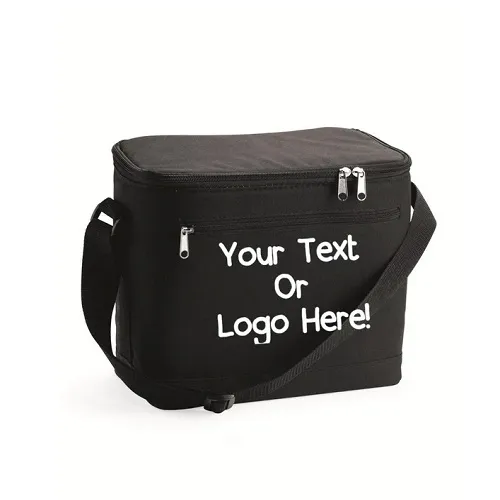 Black custom insulated cooler bag with shoulder strap