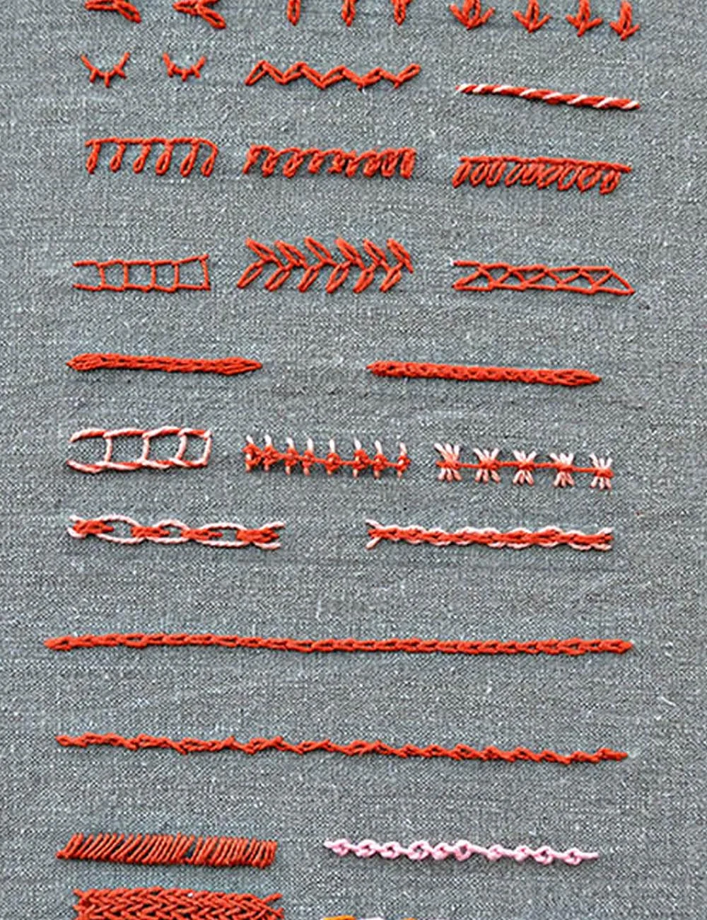 Various embroidery stitches samples on grey fabric