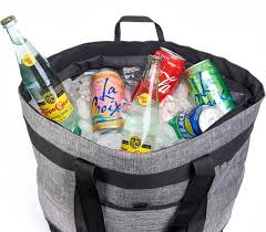 Gray insulated cooler bag filled with ice and soda cans