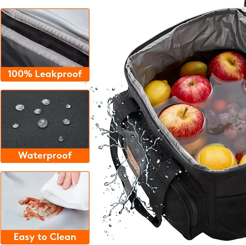 Black insulated cooler bag filled with fruits and water, leakproof and waterproof