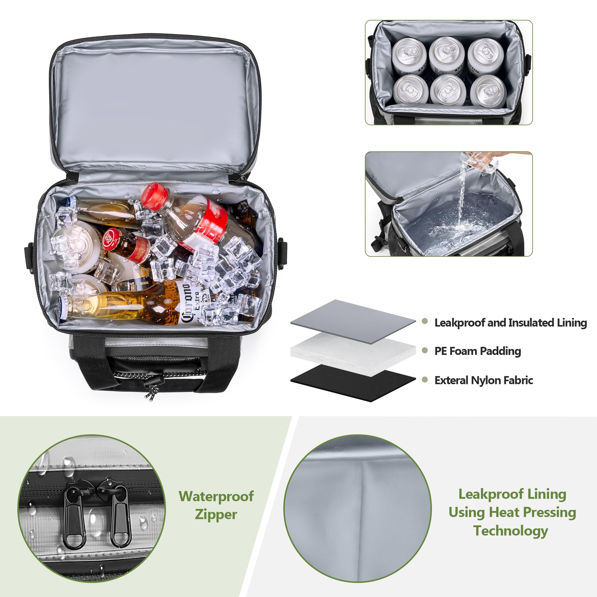 Black insulated cooler bag with drinks, ice, waterproof zipper and leakproof lining