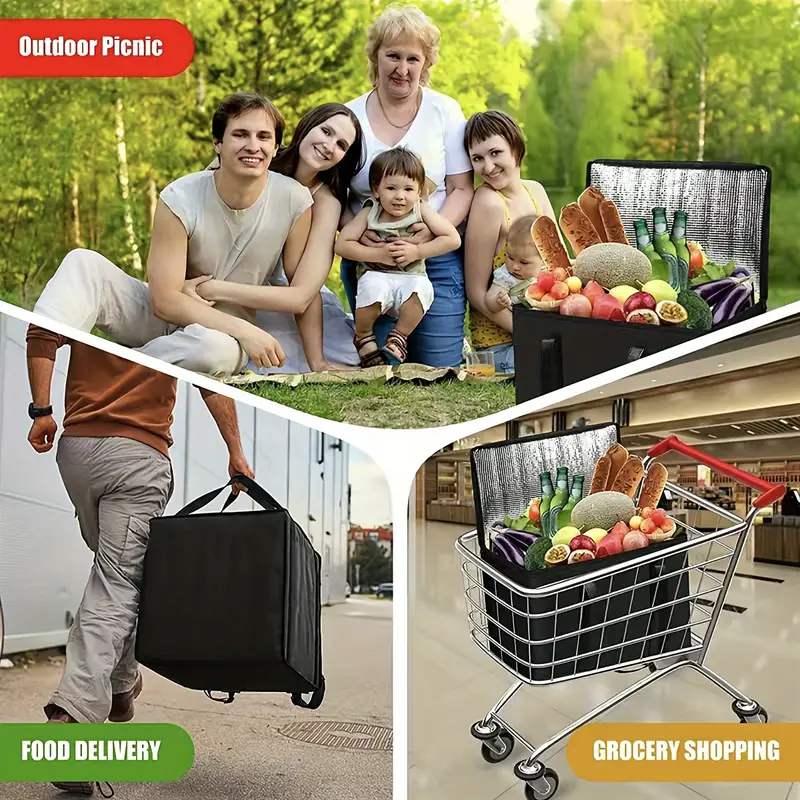 Large black insulated cooler bag for picnic, food delivery and grocery shopping