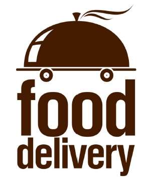 Brown food delivery logo with cloche and wheels icon