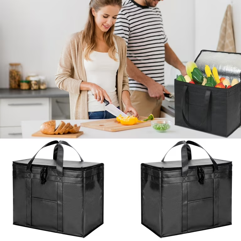 Black insulated cooler bags for storing fresh vegetables, kitchen cooking, and grocery shopping