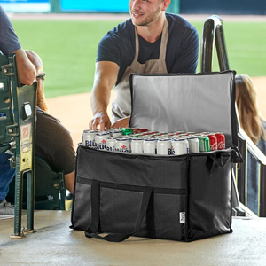 Black insulated cooler bag filled with soda cans at sports stadium