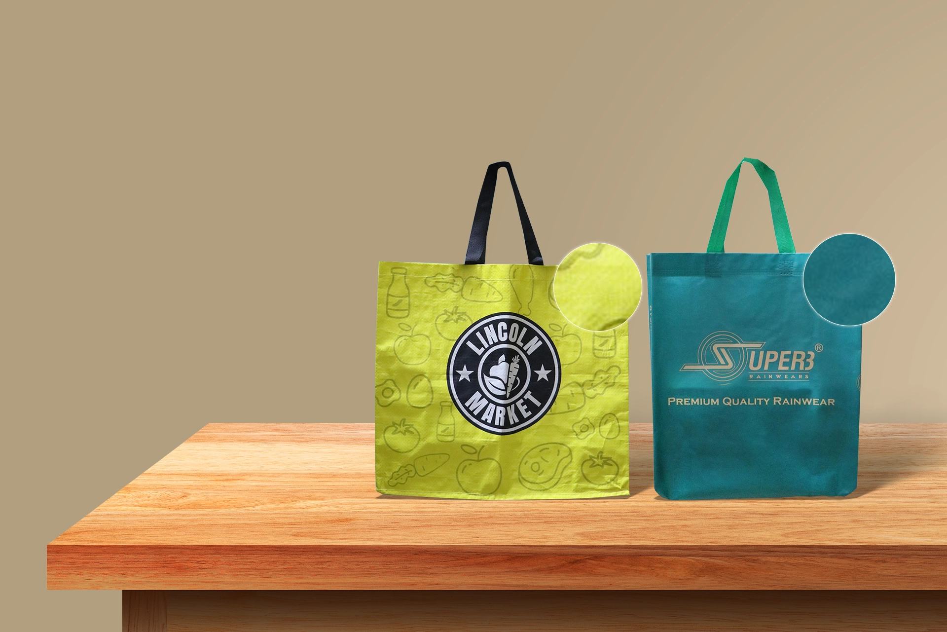 Two custom non-woven shopping bags on wooden table