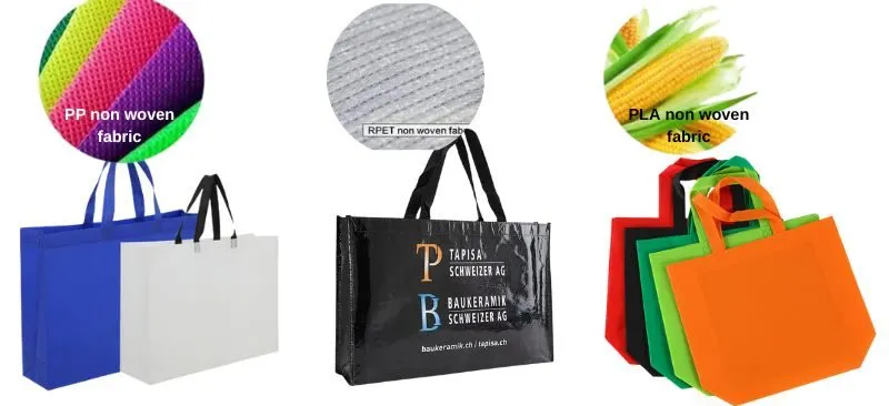 Two custom non-woven shopping bags on wooden table