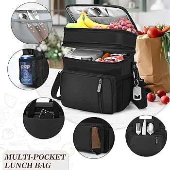 black aluminum foil insulation lunch bag with multiple pockets and compartments