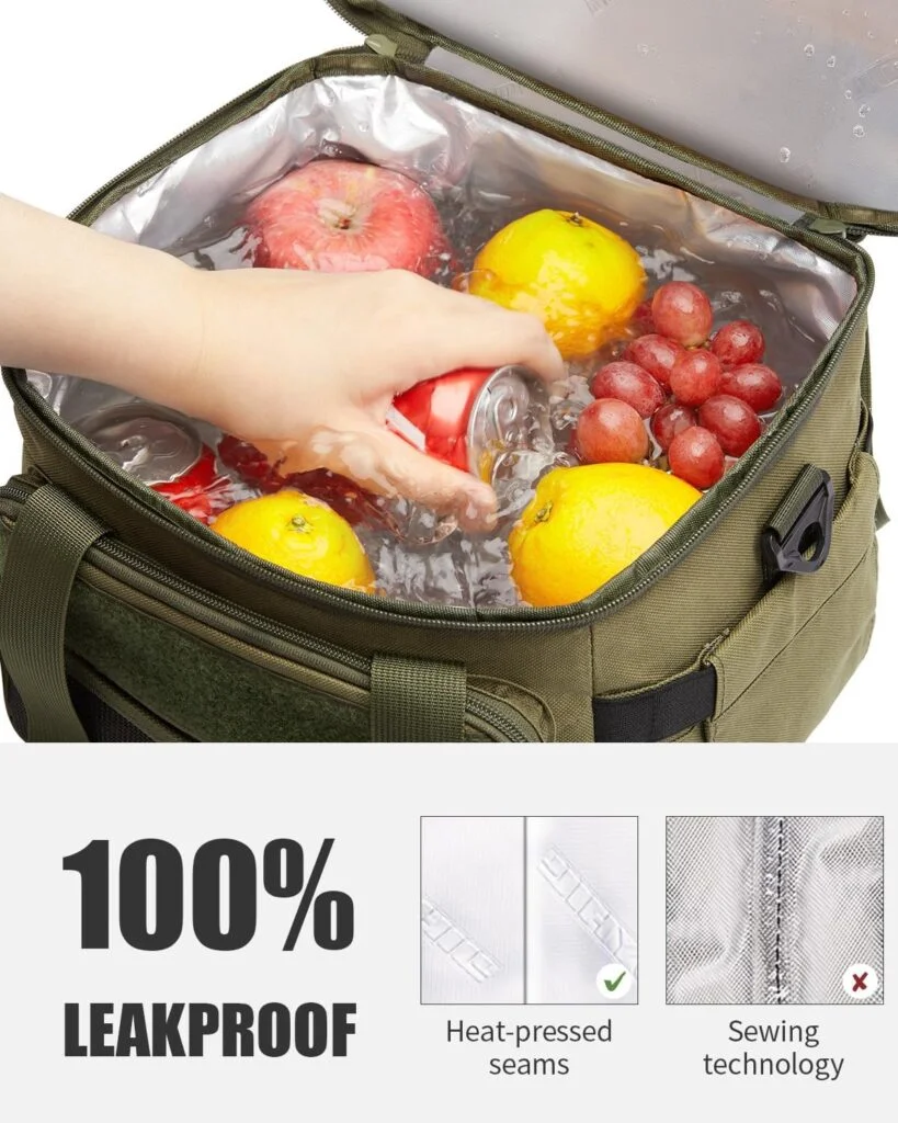 green insulated cooler bag filled with fruits, soda, and water, leakproof design