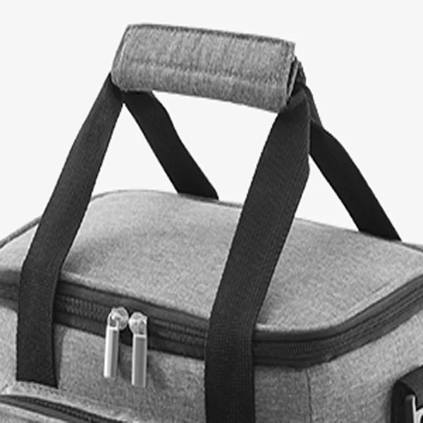 gray insulated cooler bag with padded handle and double zippers